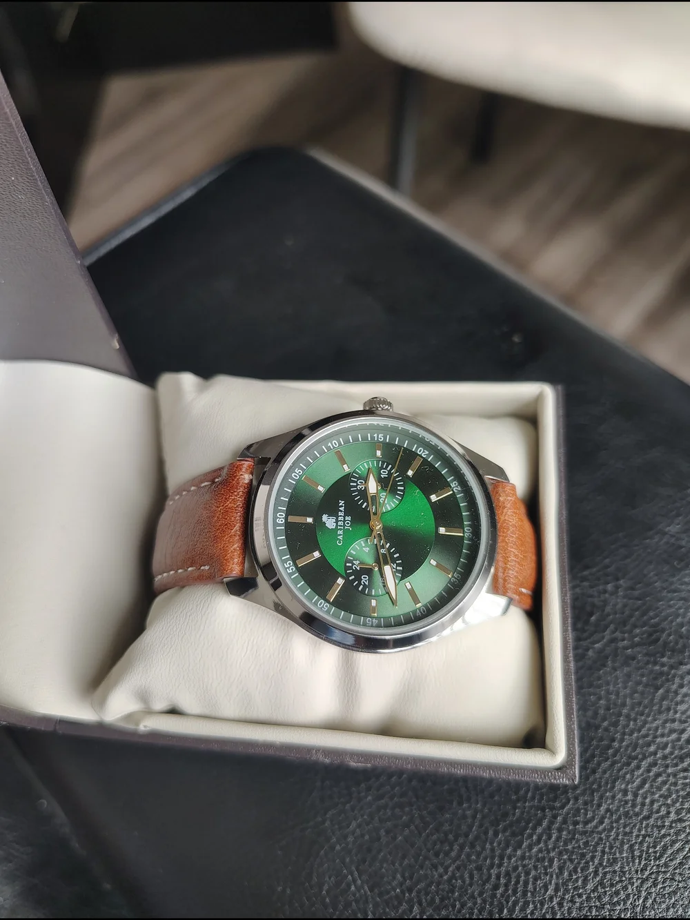 Caribbean Joe Green Dial Leather Strap Watch